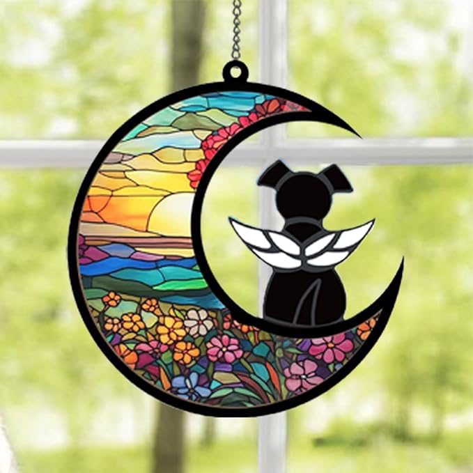 Angel Dog Memorial Suncatcher - Black Angel on Moon, Acrylic Pet Sympathy Gift for Dog Lovers