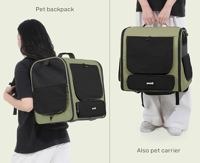 Pecute Spacious Cat Carrier Backpack, Lightweight Ventilated Pet Backpack for Anxious Cats & Small Dogs (Miniature Dachshund), for Hiking Camping Travel Vet Visits, Dark Green