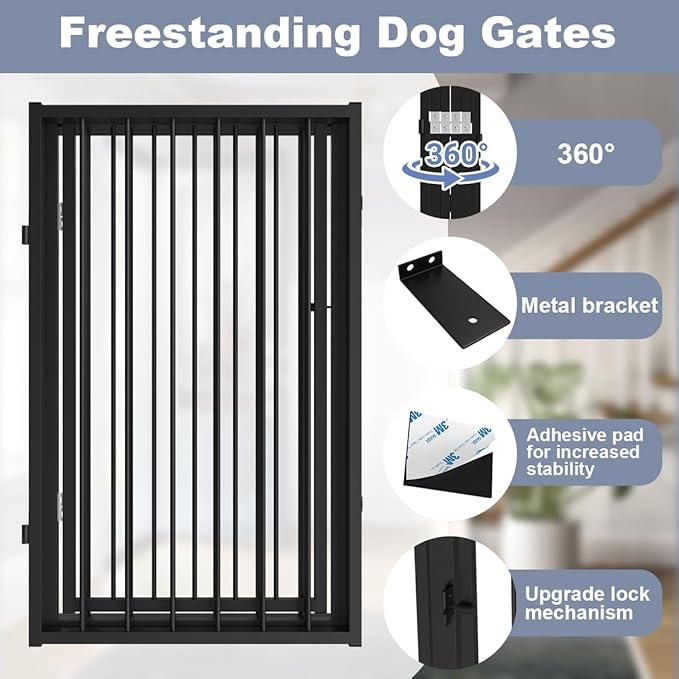 Free Standing Dog Gate with Door,120'' Extra Wide 32'' Tall Metal Dog Gates for Doorways, Foldable Pet Gate Fence Indoor & Outdoor for Stairs,Hallways,Decks,Porch,Yard (6 Panels,Black)