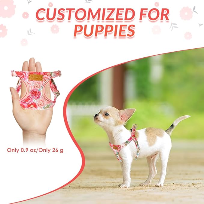 SlowTon No Pull Dog Harness with Leash - Soft Lightweight Floral Pattern Puppy Harness, Adjustable Pet Harness for Small Medium Dogs (Pink Rose XS)