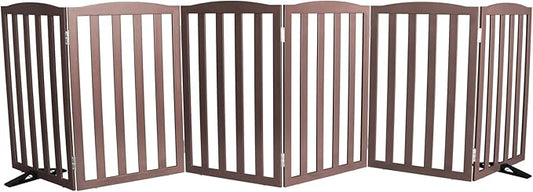 Freestanding Dog Gate Indoor,Doggie Gate Foldable Pet Gates for Doorways,Stairs or Hallways, Wooden Brown Pet Gate for the House, Pet Fence with Support Feet Included,32 "Height-6 Panels