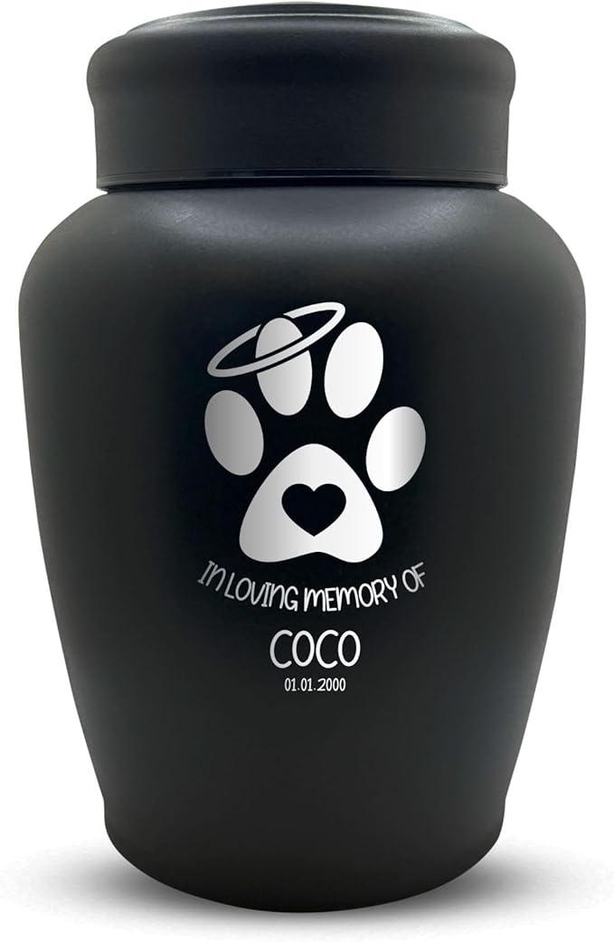 Personalized Custom Dog Urn Engraved Dog Name and Date - Stainless Steel Large Cremation urns for Dogs Ashes with Airtight Closure | up to 150 lbs Capacity | Paw Heart and Halo
