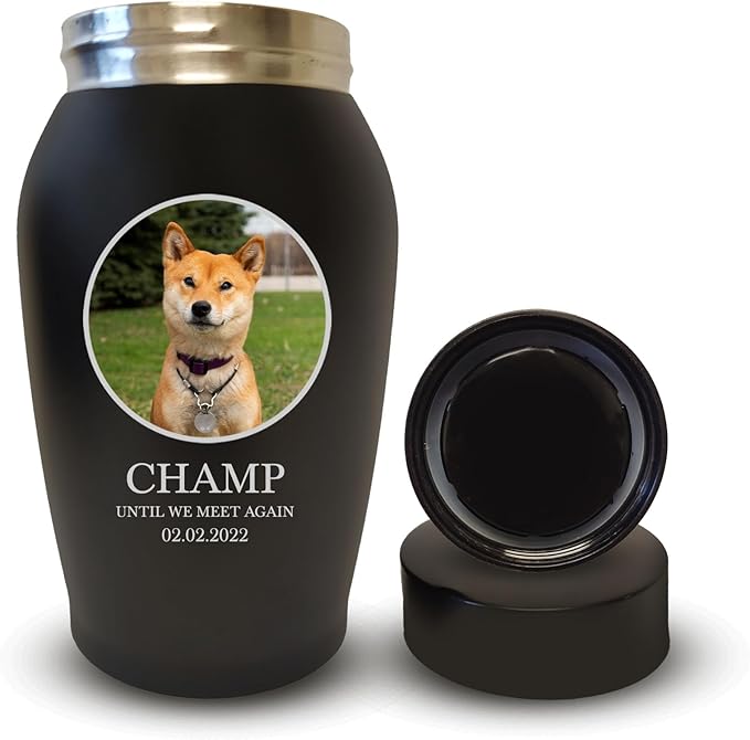 Personalized Custom Photo Dog Urn Engraved Dog Name and Date Stainless Steel Cremation Urns for Dogs Ashes with Pet Photo | Pets Up to 15 Lbs | Small 5.2" x 3" | Black