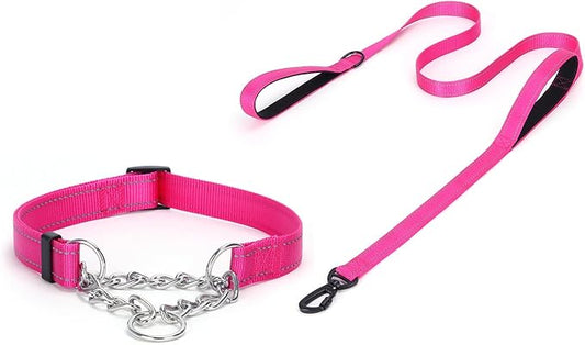 Martingale Dog Collar with Stainless Steel Chain and Leash Set, Martingale Collar with Reflective, 5FT Double Handle Dog Leash Padded, Adjustable for Medium Large Dogs (Hot Pink, L)