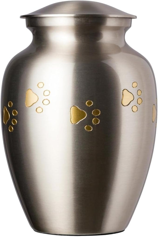 Ottillie Paws Legacy Series Pet Urn for Dogs, Handmade Brass Memorial Cremation Urn (X-Large - Pets up to 170 lbs, Pewter, Horizontal Brass Paws)