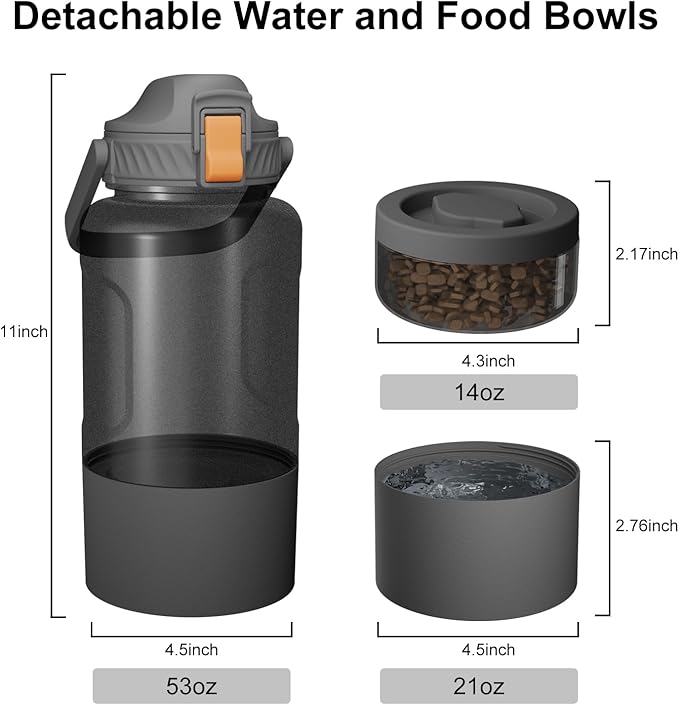53oz Large Dog Water Bottle with Water & Food Bowl, 3-in-1 Portable Pet Feeding & Hydration Dispenser for Large Dogs & Humans, Leak-Proof Tritan Bottle for Hiking, Camping, Walking, Car Trips