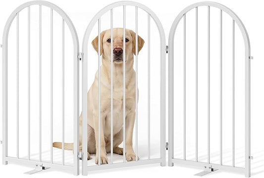 Full Metal Dog Gate for Indoor Outdoor, 32" Tall Free Standing Pet Dog Fence, 54" Wide Arched Pet Gates for Stairs, Hallways, Doorways, Kitchen, Decks, Yards (White, 3 Panels)