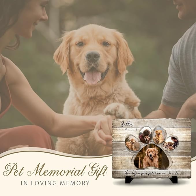 Paw Print on Our Hearts Custom Plaque with Photos - Forever Loved Pet Memorial Stone Gift for Dog Lover - Commemorative Garden Decor, Unique Stepping Stones in Loving Memory of Dogs, Pets