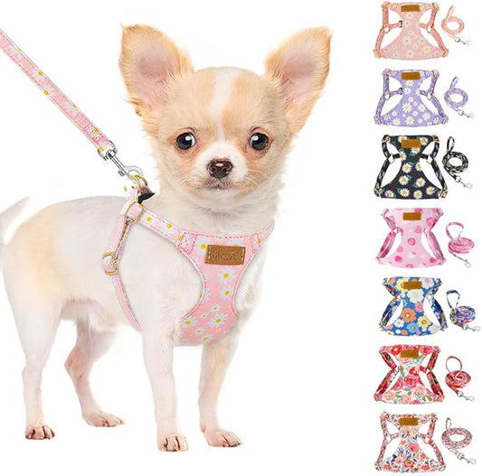 SlowTon No Pull Dog Harness with Leash - Soft Lightweight Floral Pattern Puppy Harness, Adjustable Pet Harnesses for Small Medium Dogs (Pink Daisy XS)