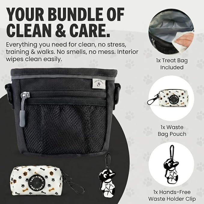 Dog Training Treat Pouch, Clip-On, Crossbody, Magnetic, 2 Compartment Divided Interior, 1 1/2 Cup Total 3/4 Each Side, Dog Treat Training & Walking Bag, Poop Bag & Waste Clip, Hand Free- Black 5x5