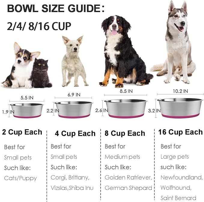 Deep Stainless Steel Non-Skid Dog and Food Bowls, Each Holds Up to 4 Cups, Set of 2 Packs(6.9 x 2.2 Inches)