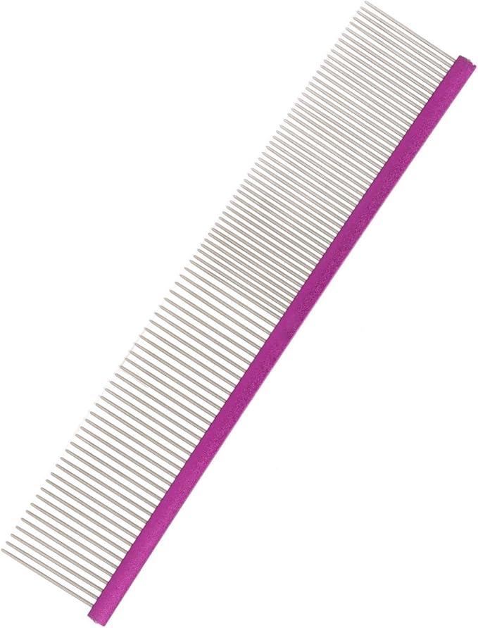 Pet Steel Comb Dogs and Cats, Professional Dog Grooming Comb For Shedding Tangles Knots, Pet Dematting Comb with Rounded Teeth and Non Slip Grip Handle for Long Haired Breeds(Purple 19cm/7.5in)