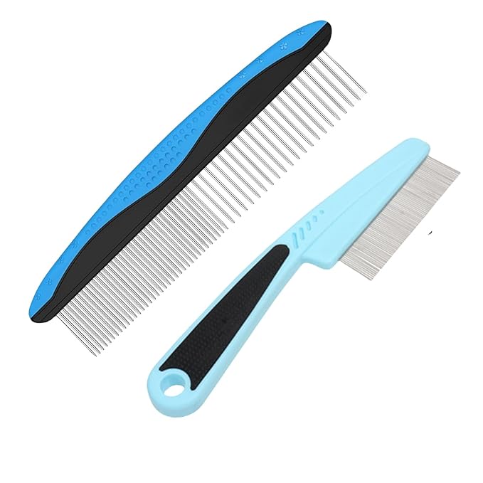 Dog Flea Comb for Small Dogs - Metal Flea and Tick Comb with Rubber Handle, Dematting Comb for Cats and Dogs, Professional Pet Grooming Tool for Long Haired Pets