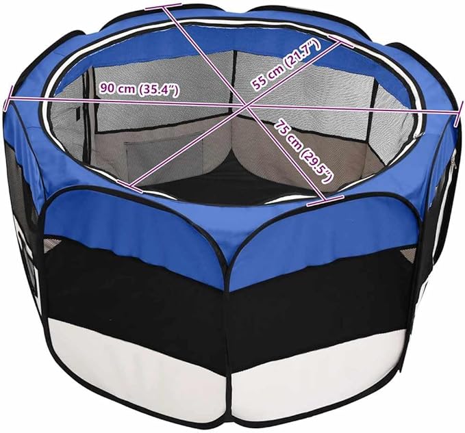 vidaXL Foldable Dog Playpen - Blue/Cream with Carrying Bag, Mesh Zipper Roof/Door, Side Pockets, Lightweight & Sturdy Steel Frame, 35.4"x35.4"x22.8"