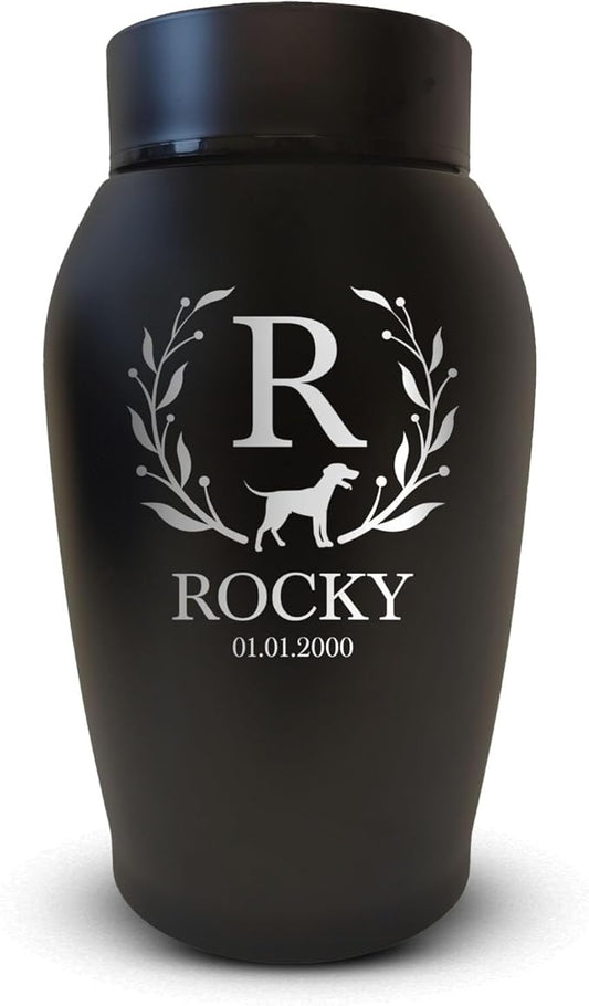 Personalized Custom Small Keepsake Urn Engraved with Pet Name, Date, and Dog Design - 5.2" Black Powder Coated Steel Cremation Urn for Dogs Ashes | 12-16 lb Capacity, Flower Border