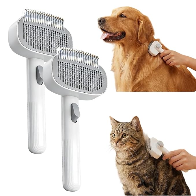 2-in-1 Pet Self-Detangling & Grooming Comb, Cats & Dog Dematting Brush & Undercoat Rake, Gentle Undercoat Rake & Brush for Long or Short Hair, Removes Mats Tangles and Loose Fur (2, Gray)