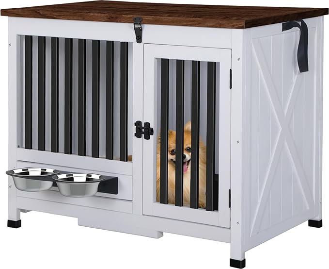 Dog Crate Furniture for Small and Medium Dogs, Decorative Wooden Dog Cage Indoor Pet House Side Table with 360° Swivel Feeder
