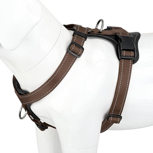 Plutus Pet Adjustable No Pull Dog Harness with Leather Accents, Heavy Duty Reflective Nylon Vest for Training, Hiking, Easy Walk Harness for Small, Medium, Large Dogs (Chocolate, L)