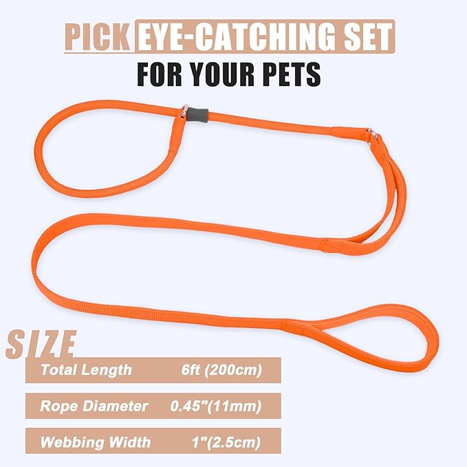Slip Lead Dog Leash, Double Handle, Soft Leather & Nylon, 6ft Orange