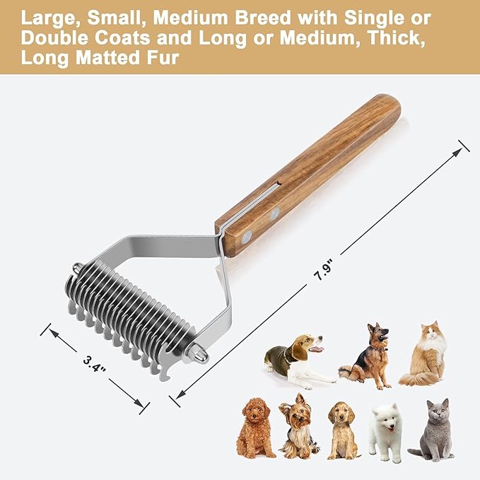 Undercoat Rake for Dogs, Dematting Comb for Dogs and Cats with Wood Handle, Deshedding Dog Brush for Remove Mats, Long-Haired Pets Grooming Rake, Large