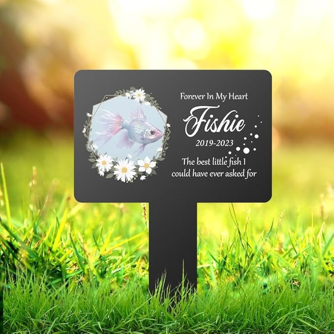 Personalized Fish Memorial Stake Custom Photo Floral Little Fish Metal 8x8 inch Pet Grave Marker Pet Loss Gift Sympathy Gift (Style 21)