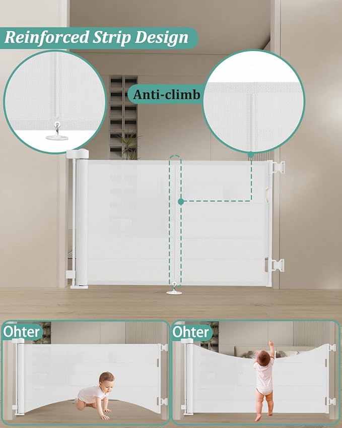 59 inch Retractable Baby Gates 42 inch Tall, Retractable Gate with Reinforced Strip Design to Prevent Crawling Through, 5 FT Retractable Dog Gate for Stairs, Doorways, Hallways, Indoor/Outdoor
