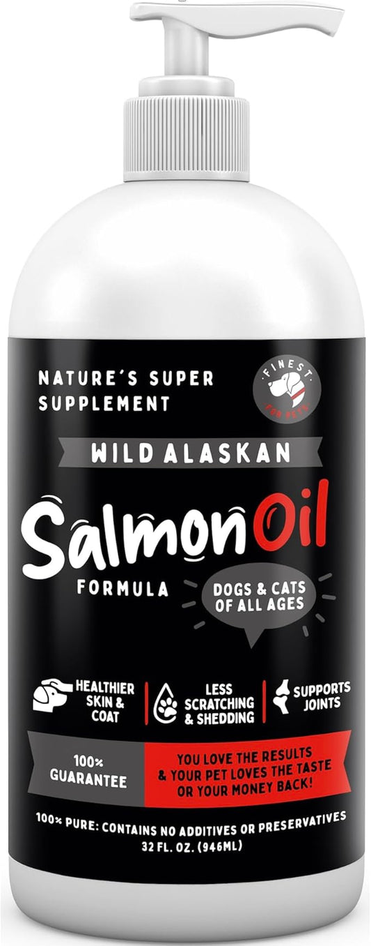 Wild Alaskan Omega-3 Blend Pollock + Salmon Oil for Dogs & Cats (32oz). 100% Pure Fish Oil Supplement with EPA & DHA for Joints, Skin & Coat, Itching, Shedding, Immune & Heart. Tasty & Easy to Give.