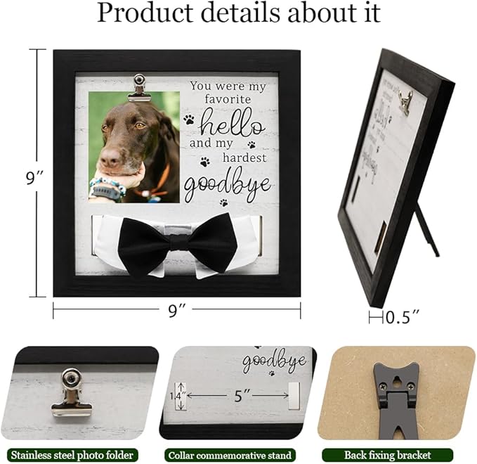 Pet Loss Gift – 9 x 9” Memorial Sympathy Frame with Collar Holder & Card, Remembrance Gift for Loss of Dog or Cat, Rainbow Bridge Keepsake