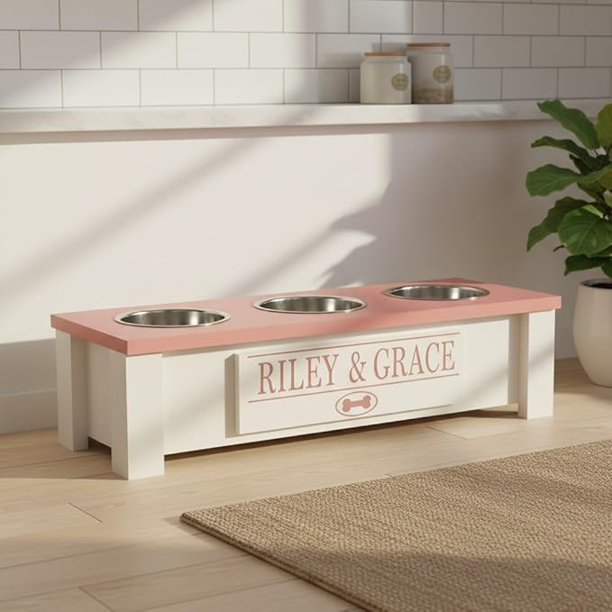 GTW Elevated 3 Bowl Dog Feeding Station - Customized Triple Stand for Small Dog Breeds - Includes Storage & Stainless Steel Bowls (Small, Pink)