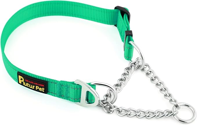 Plutus Pet Martingale Dog Collar with Stainless Steel Chain and Reflective Nylon, Adjustable No Pull Training Collar, for Small Medium, and Large Dogs, Green, S