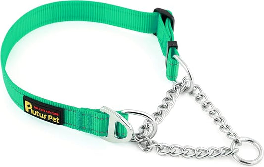 Plutus Pet Martingale Dog Collar with Stainless Steel Chain and Reflective Nylon, Adjustable No Pull Training Collar, for Small Medium, and Large Dogs, Green, M