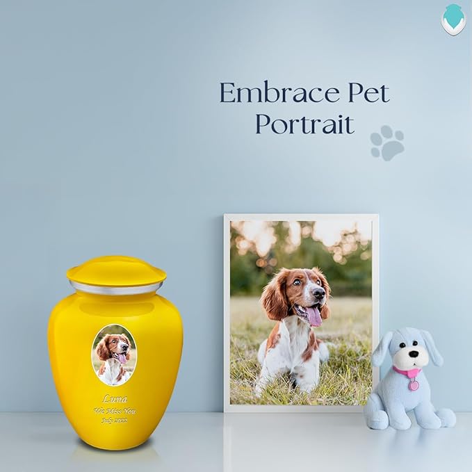 Geturns Embrace Personalized Picture Urn for Small Pets I Yellow Photo Cremation Urns for Dogs and Cats I 44 lbs