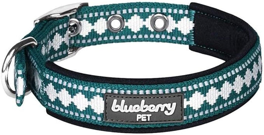 Blueberry Pet Reflective Jacquard Dog Collar with Neoprene Padding & Metal Buckle | Soft & Adjustable Safety Collar - Teal Blue