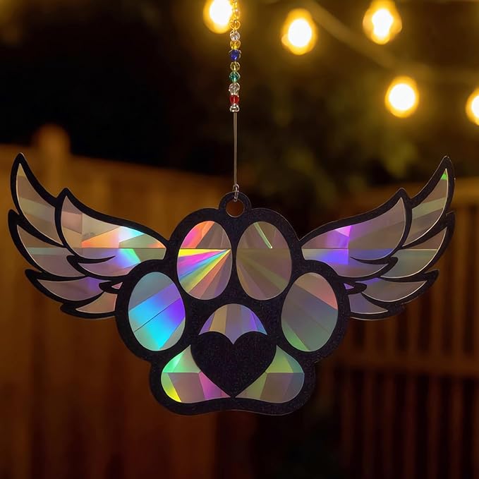 Dog Loss Sympathy Gift with Card, Memorial Gifts for Loss of Dog, Angel Pet Memorial Suncatcher, Rainbow Bridge for Loss - Winged Paw Shape