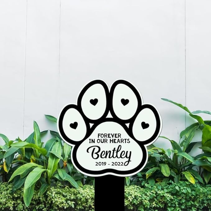 Personalized Dog Memorial Stake Pet Paw Forever In Our Hearts Metal 8x8 inch Pet Grave Marker Loss Gift Sympathy Gift for Dog Lover (Style 14)