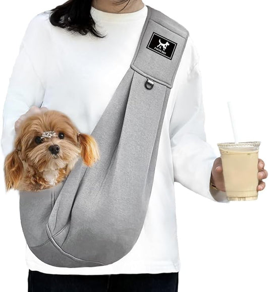 Dog Sling Carrier for Small Dogs up to 15 lbs - Hands Free Puppy Sling (Size M) - Ergonomic Padded Strap & Safety Hook Based on Owner's Bust, Light Gray