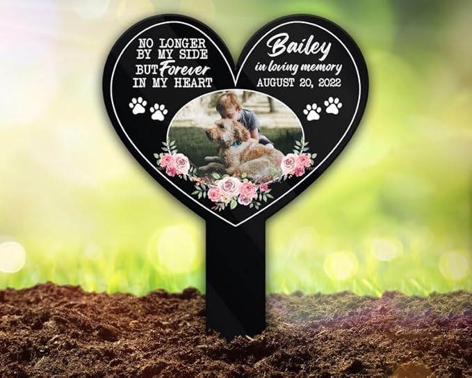 Personalized Dog Memorial Stake Custom Dog Cat Photo No Longer By My Side Floral Metal 12x12 inch Pet Grave Marker Dog Loss Gift Sympathy Gift for Dog Lover (Style 19)