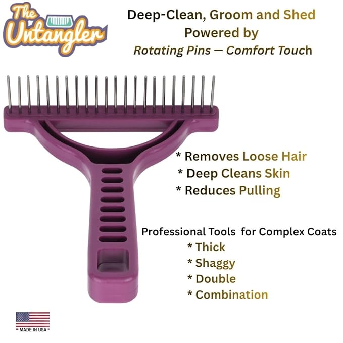 The Untangler Rakes for Grooming and Shedding -silky smooth rotating teeth to easily collect loose hair (Purple, Extra-Long)