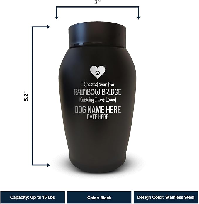 Personalized Custom Small Keepsake Urn Engraved with Pet Name, Date, and Dog Design - 5.2" Black Powder Coated Steel Cremation Urn for Dogs Ashes | 12-16 lb Capacity, Rainbow Bridge