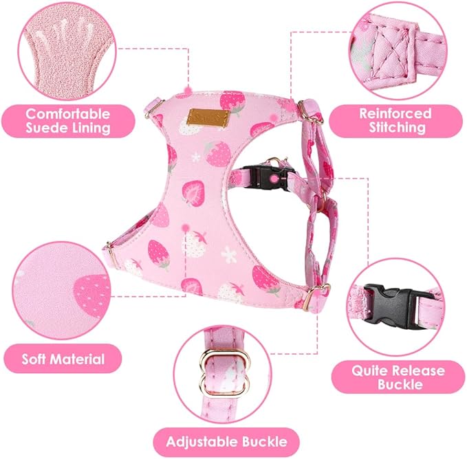 SlowTon No Pull Dog Harness with Leash - Soft Lightweight Floral Pattern Puppy Harness, Adjustable Pet Harness for Small Medium Dogs (Pink Strawberry, XXS)