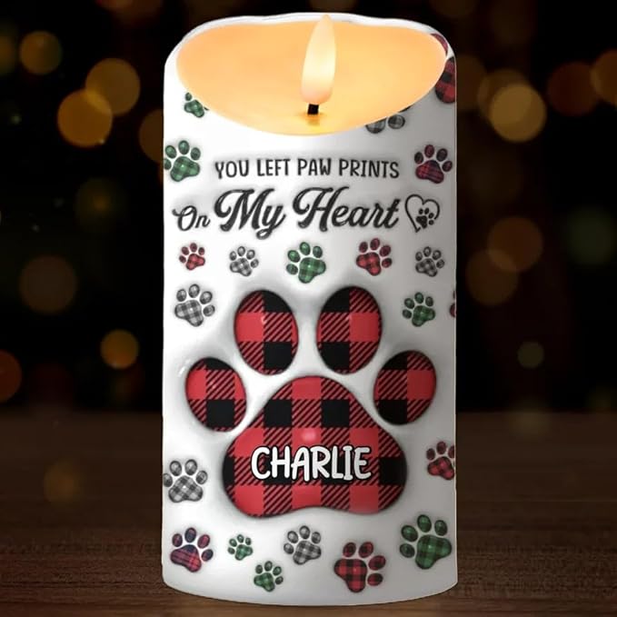 Personalized You Left Paw Prints On My Heart Memorial Led Candle Decor For Dog Mom & Dad On Pet Birthday & Memorial Remembrance Gift