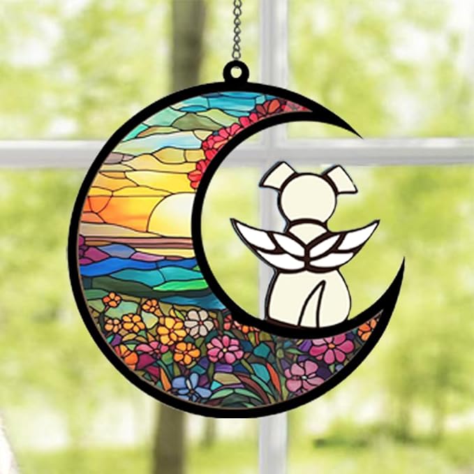 Memorial Pet Sympathy Suncatcher - White Angel Dog on Flower Moon Beverage Acrylic Ornament - Window Wall Decor Gift for Dog Lover