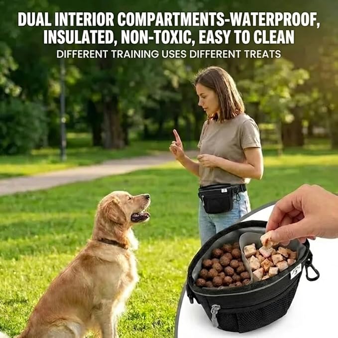 Dog Training Treat Pouch, Clip-On, Crossbody, Magnetic, 2 Compartment Divided Interior, 1 1/2 Cup Total 3/4 Each Side, Dog Treat Training & Walking Bag, Poop Bag & Waste Clip, Hand Free- Black 5x5