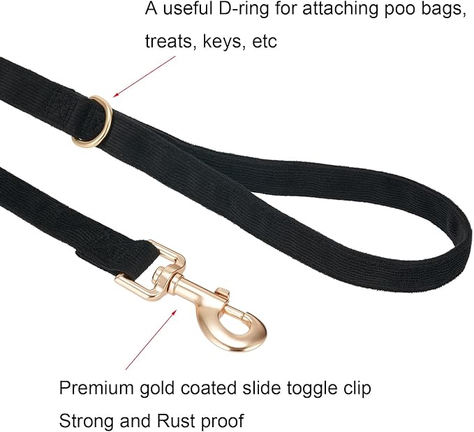 Soft Cotton Dog Leash, 5 Ft Heavy Duty Corduroy Dog Leashes with Gold Metal Hook for Small Medium Large Dogs,Small,Black