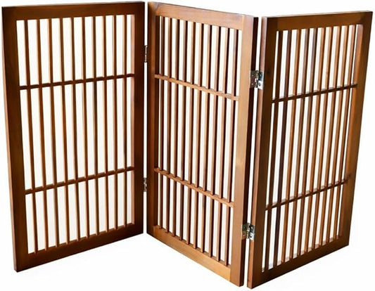Urnporium Pet Dog Gate Freestanding, Strong Durable Folding Wooden Fence, Portable Acacia Hardwood Safety Barrier for Indoor & Outdoor Use (Brown Pet Gate, 3 Panel 30" Tall)