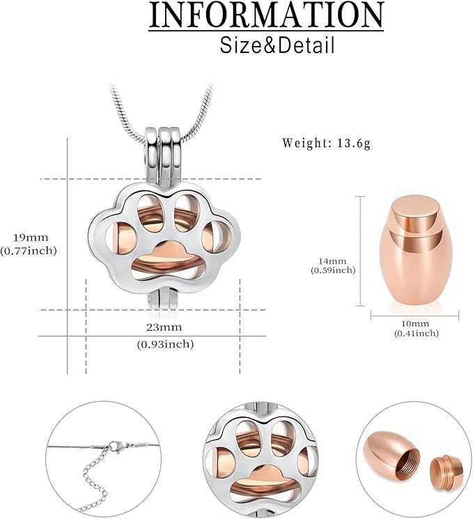 Pet Cremation Jewelry for Ashes Paw Memorial Locket Urn Necklace Keepsake Cremation Jewelry for Dog/Cat (Silver-Rose)