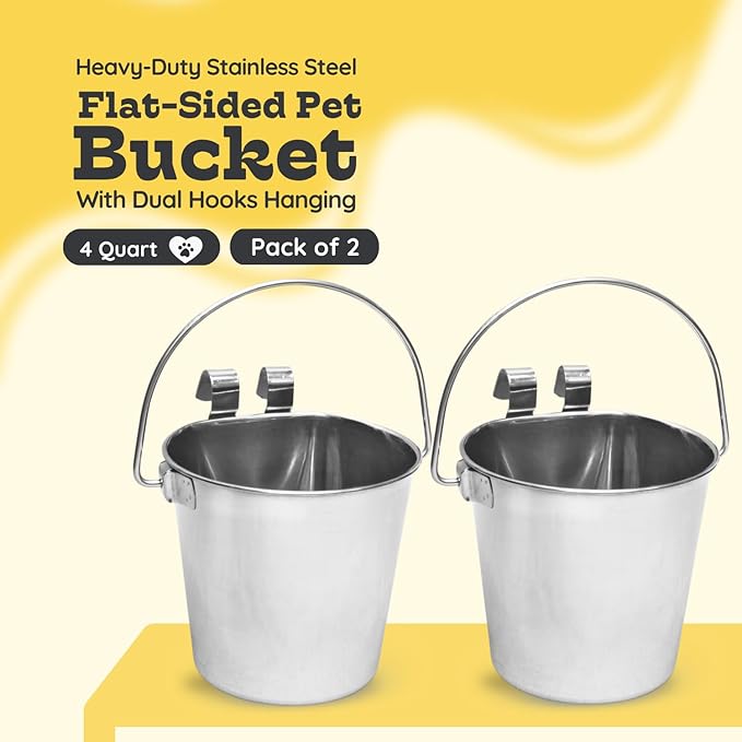 4 Quart Stainless Steel Flat Sided Bucket with Dual Hooks | 2 Pcs Durable Food & Water Bowl for Dogs Cats Goat & Livestock | Fits kennel Cage Critter Crate Hanging Pet Pail | Multipurpose
