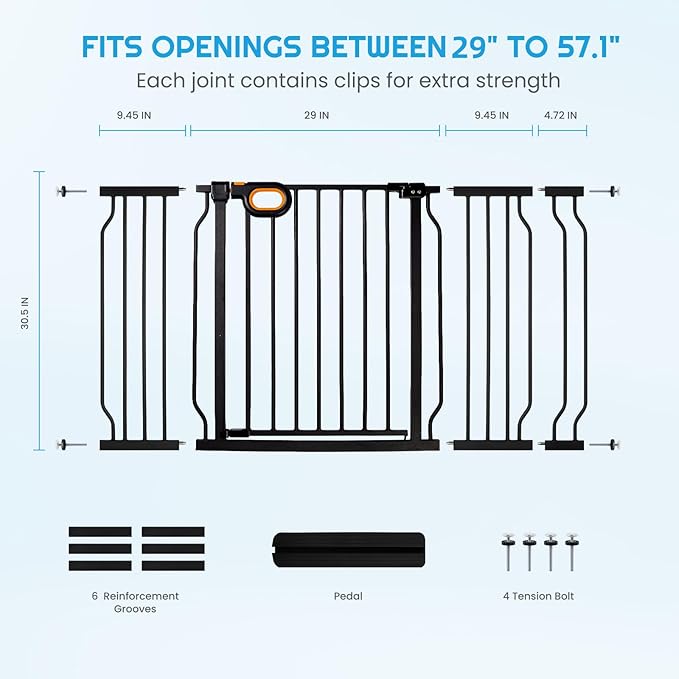 owlie Baby Gate Indoor 29-57'' Wide, Adjustable Safety Gate for Stairs No Drilling Baby Gate with Door Pet Pressure Mount Gate for Kids Dogs Extension Kit Stairway Doorway Black (30.5'' Tall)