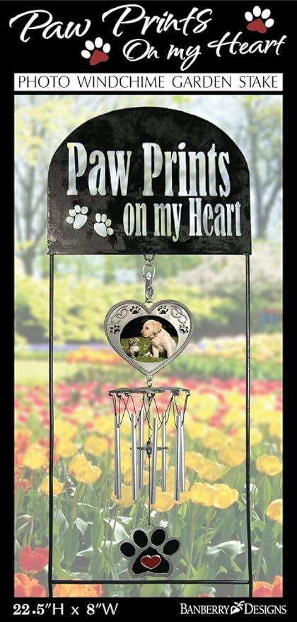 Pet Memorial - Garden Marker with Wind Chimes and Photo Frame- Black Wrought Iron Garden Stake and Windchime - Paw Prints on My Heart - Dog or Cat Loss Gift - Pet Memorial Gifts - 22.5" H