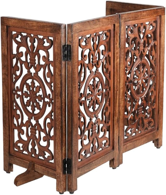 Decorative Wooden Pet Gate, Dog Fence, Cat Gate, Foldable, Adjustable, Portable, Extra-Wide, Wooden Dog Barrier, Free-Standing Puppy Gate 4 Panels for Indoor, Doorways, Stairs-26x52 Inch Antique Burnt